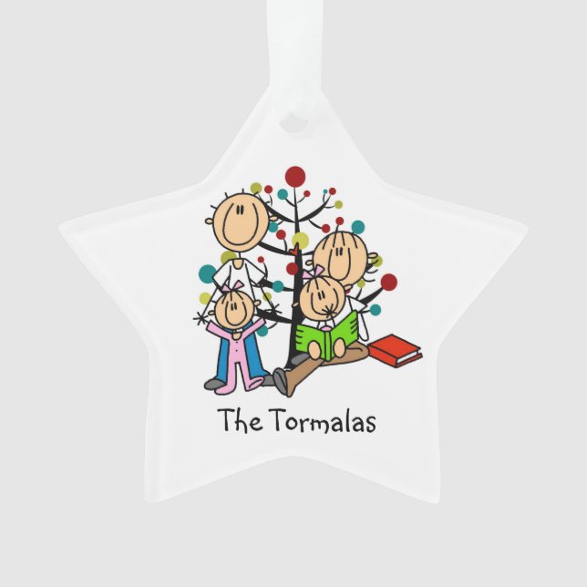 Stick Figure Parents, 2 Girls Holiday Ornament (Front)