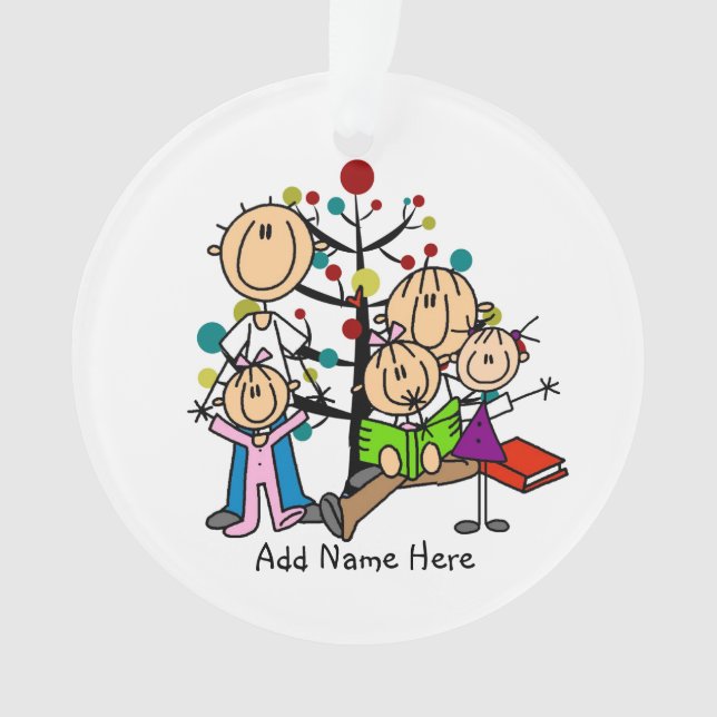 Stick Figure Parents, 3 Girls Ornament (Front)