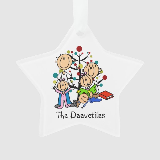 Stick Figure Parents, 3 Kids Acrylic Ornament (Front)