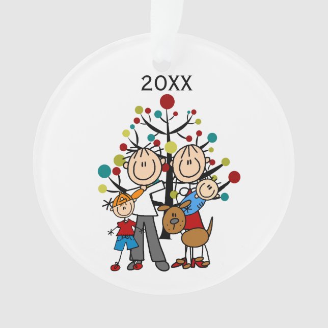 Stick Figure Parents, Boy, Baby, Dog Ornament (Front)