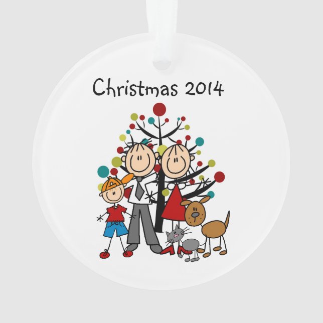 Stick Figure Parents, Boy Dog Cat Acrylic Ornament (Back)