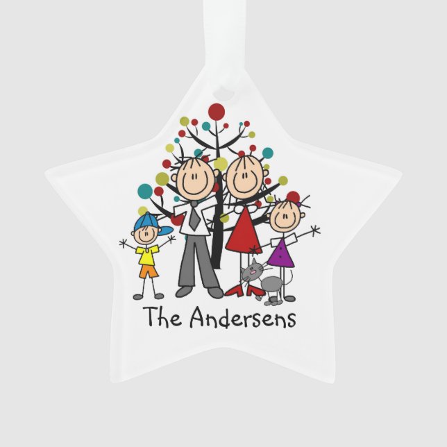 Stick Figure Parents Boy Girl Cat Acrylic Ornament (Front)