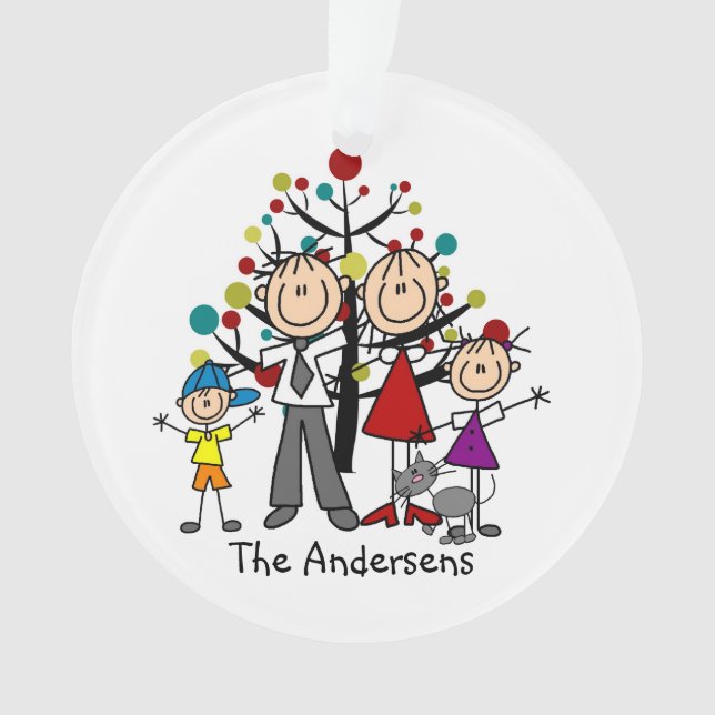 Stick Figure Parents Boy Girl Cat Acrylic Ornament (Front)