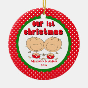 Stick Figure Twins Baby's First Christmas Ornament