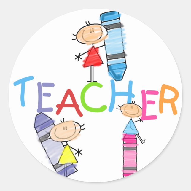 Stick Figures Crayons Teacher Tshirts and Gifts Classic Round Sticker (Front)