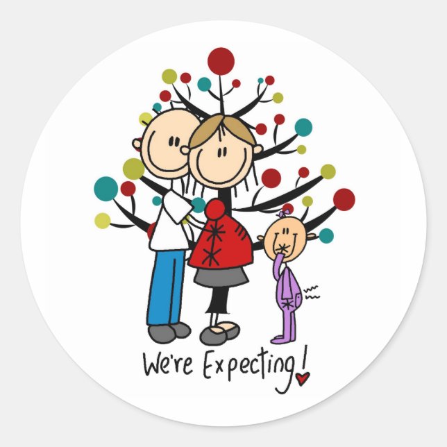 Stick Figures Expectant Parents Girl Classic Round Sticker (Front)