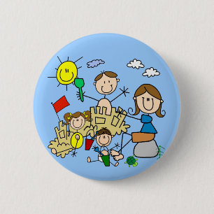 Stick Figures Family Beach Fun 6 Cm Round Badge
