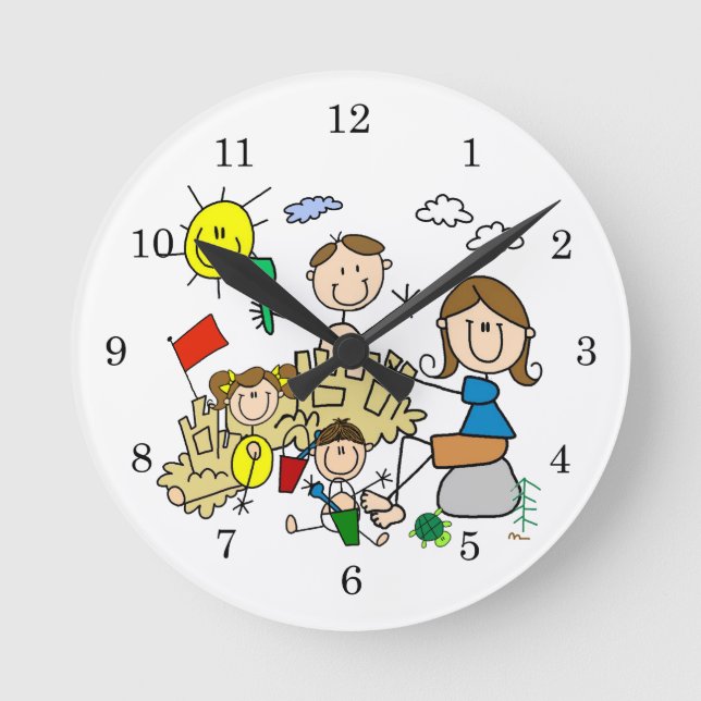 Stick Figures Family Beach Fun Round Clock (Front)