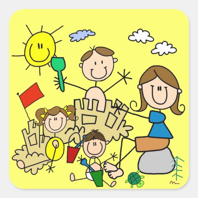 Stick Figures Family Beach Fun Square Sticker (Front)