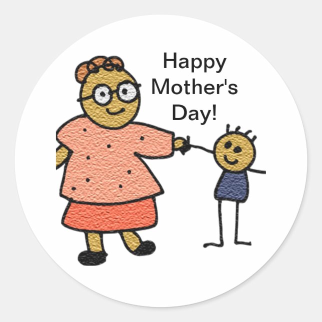 Stick Figures of Mother and Child for Mother's Day Classic Round Sticker (Front)