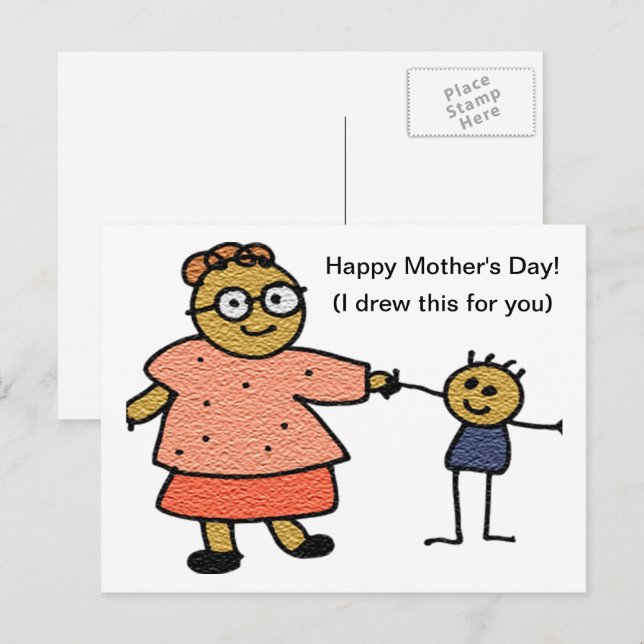 Stick Figures of Mother and Child for Mother's Day Postcard (Front/Back)
