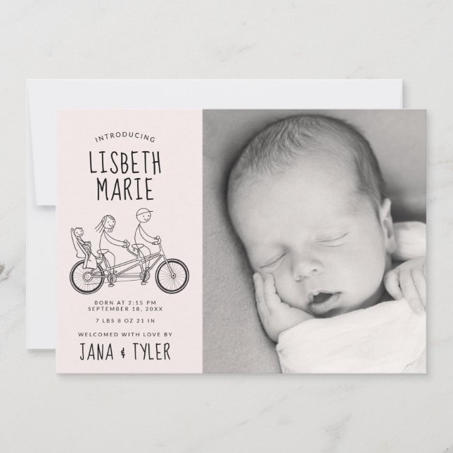 Stick figures on tandem bike with baby seat  invitation (Front)