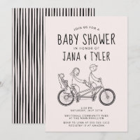 Stick figures on tandem bike with baby seat