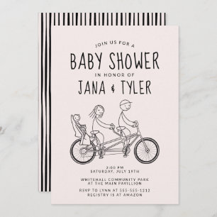 Stick figures on tandem bike with baby seat invitation