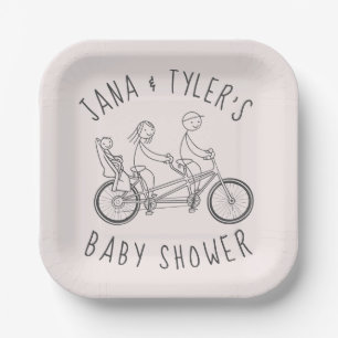 Stick figures on tandem bike with baby seat  paper plate