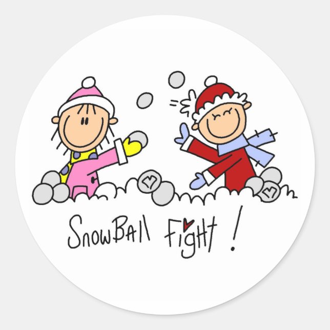 Stick Figures Snowball Fight Classic Round Sticker (Front)