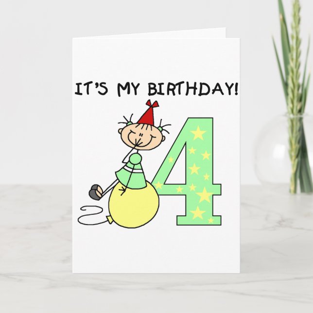 Stick Girl 4th Birthday Tshirts and Gifts Card (Front)