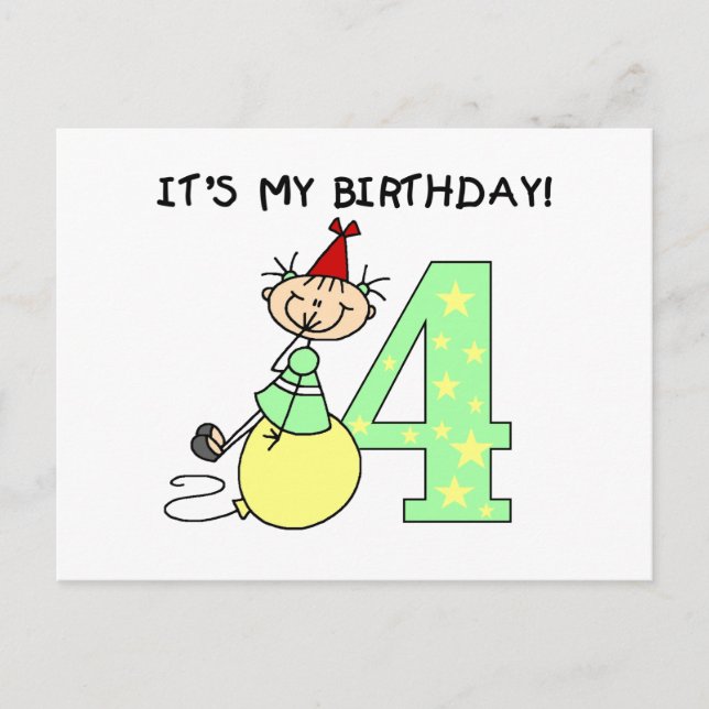 Stick Girl 4th Birthday Tshirts and Gifts Postcard (Front)