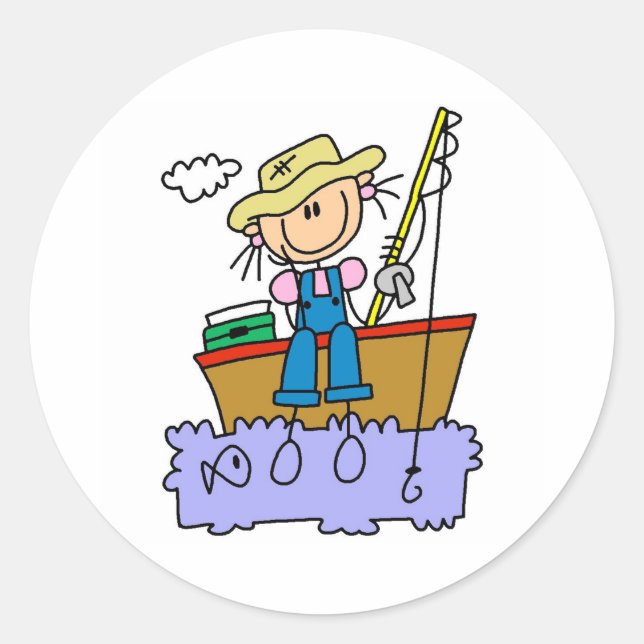 Stick Girl Fishing Classic Round Sticker (Front)