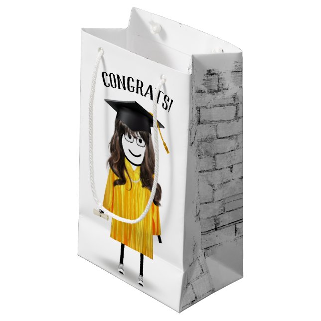 Stick Girl Graduate with Black Cap and Diploma  Small Gift Bag (Front Angled)