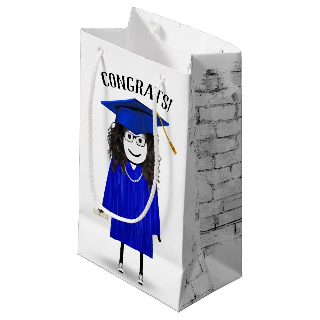 Stick Girl Graduate with Blue Cap and Diploma Small Gift Bag (Front Angled)