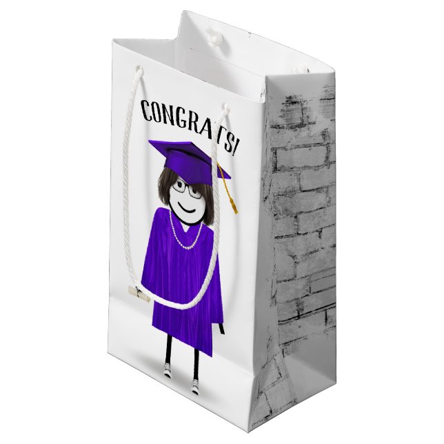 Stick Girl Graduate with Diploma Small Gift Bag (Front Angled)