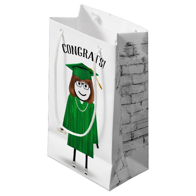 Stick Girl Graduate with Green Cap and Diploma Small Gift Bag (Front Angled)