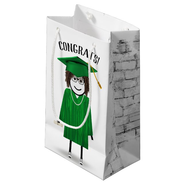 Stick Girl Graduate with Green Cap and Diploma  Small Gift Bag (Front Angled)
