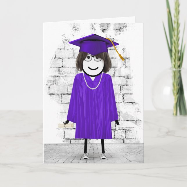 Stick Girl Graduate with Hair and Diploma Card (Front)