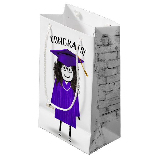 Stick Girl Graduate with Purple Cap and Diploma  Small Gift Bag (Front Angled)