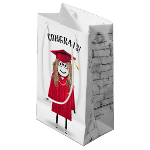 Stick Girl Graduate with Red Cap and Diploma    Small Gift Bag