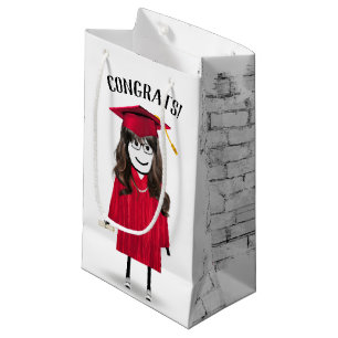 Stick Girl Graduate with Red Cap and Diploma   Small Gift Bag