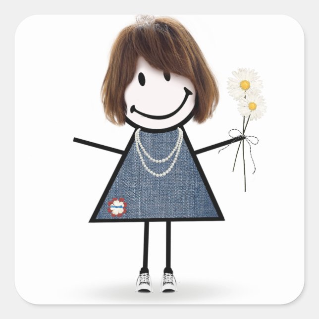 Stick Girl in Blue Jean Dress Square Sticker (Front)