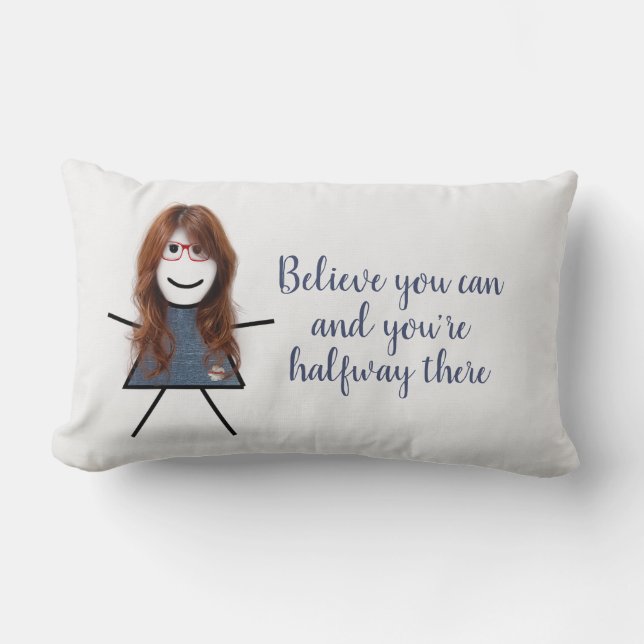 Stick Girl in Denim Dress with Quote Lumbar Cushion (Front)