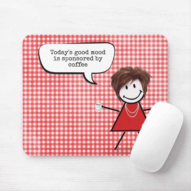 Stick Girl With Coffee Mug on Gingham  Mouse Mat (With Mouse)