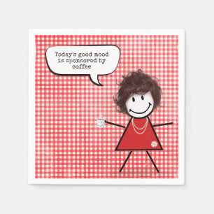 Stick Girl With Coffee Mug on Gingham  Napkin