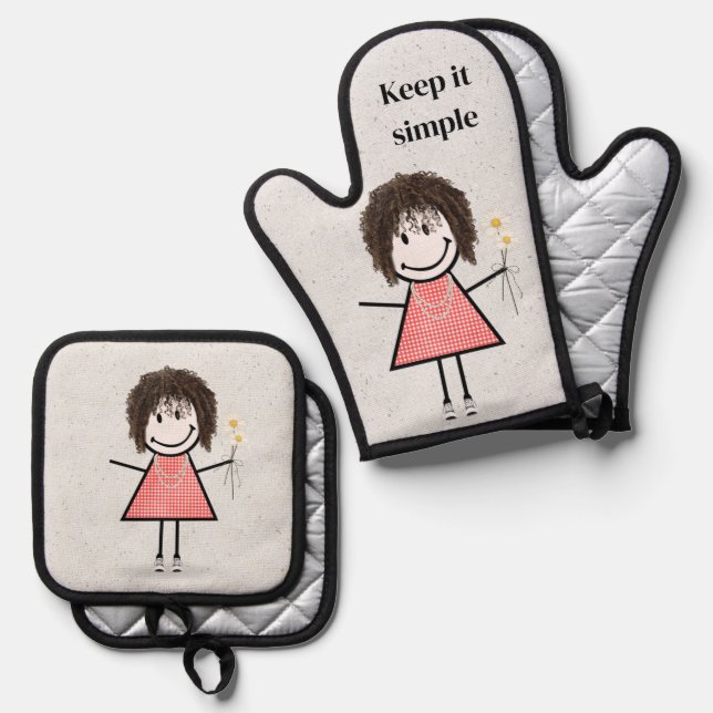 Stick Girl With Daisies And Quote Oven Mitt & Pot Holder Set (Front/Back)