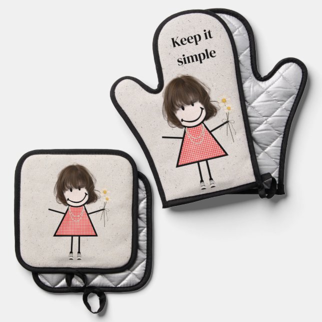 Stick Girl With Daisies And Quote Oven Mitt & Pot Holder Set (Front/Back)