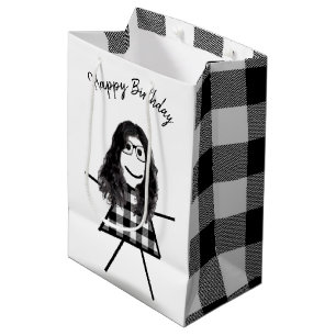 Stick Girl with Hair and Buffalo Plaid Pattern Medium Gift Bag