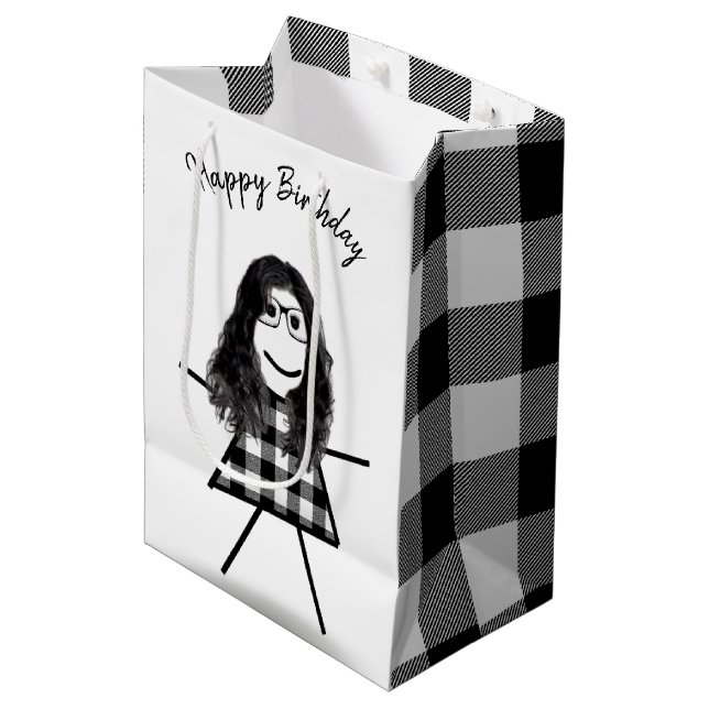 Stick Girl with Hair and Buffalo Plaid Pattern  Medium Gift Bag (Front Angled)