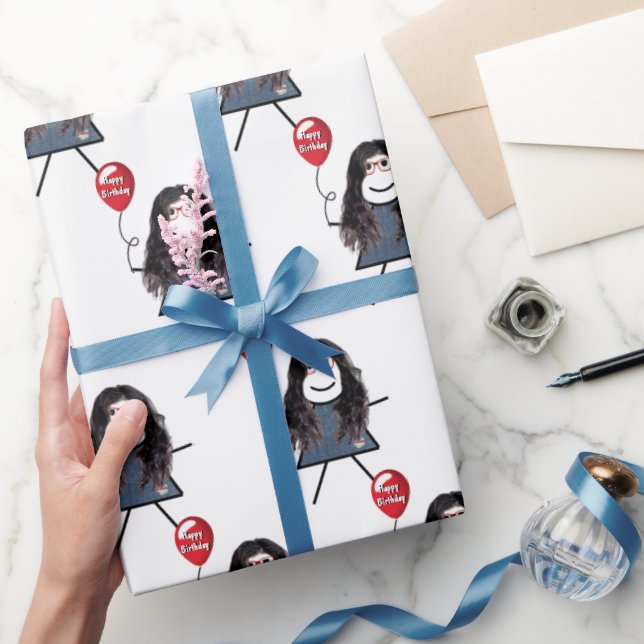 Stick Girl With Red Birthday Balloon Wrapping Paper (Gifting)