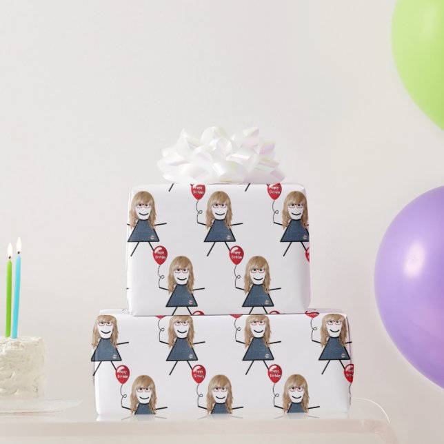 Stick Girl With Red Birthday Balloon   Wrapping Paper (Party Gifts)
