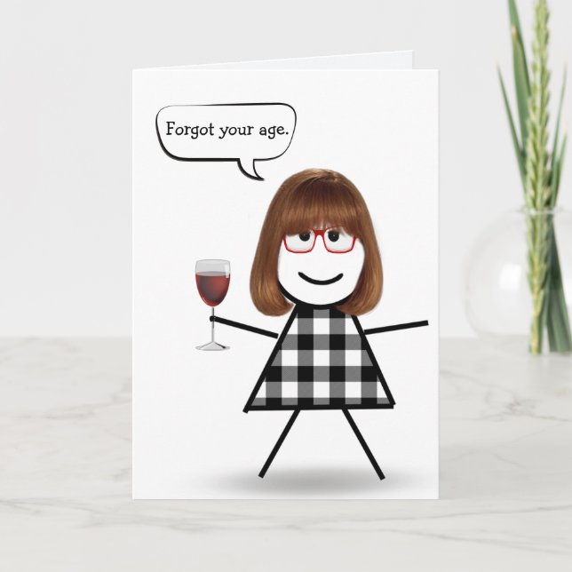 Stick Girl with Red Wine Belated Birthday  Card (Front)