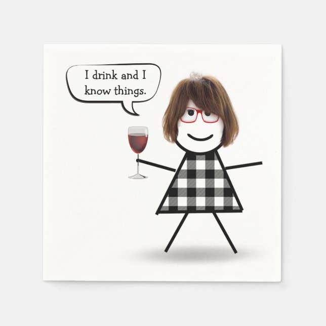 Stick Girl with Red Wine Party Humour Napkins (Front)