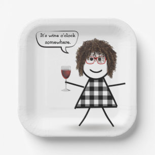Stick Girl with Red Wine Party Humour Paper Plate
