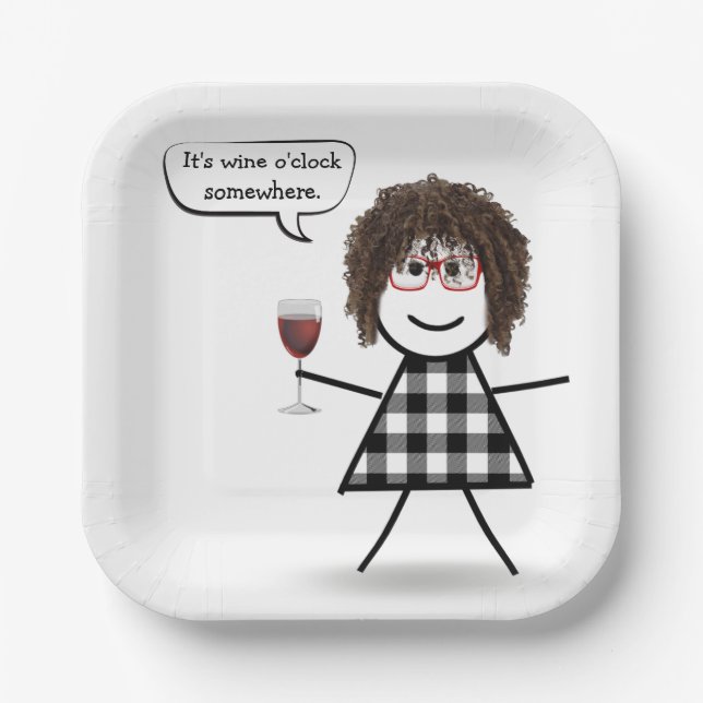 Stick Girl with Red Wine Party Humour  Paper Plate (Front)