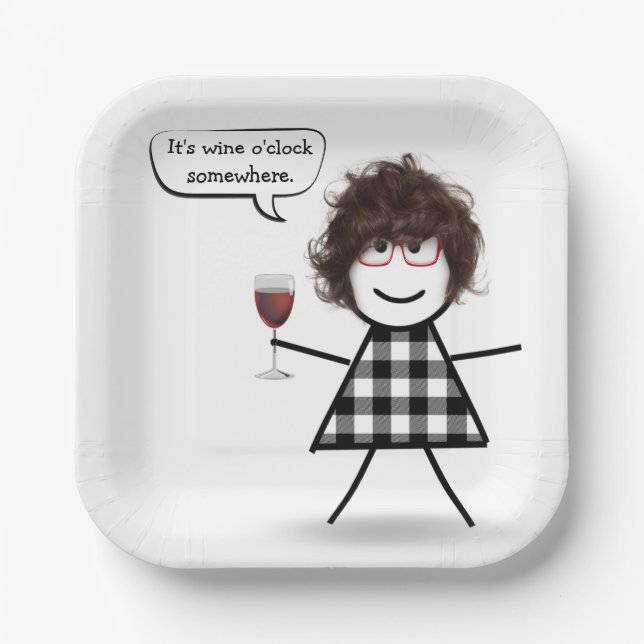 Stick Girl with Red Wine Party Humour  Paper Plate (Front)
