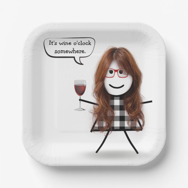 Stick Girl with Red Wine Party Humour   Paper Plate (Front)