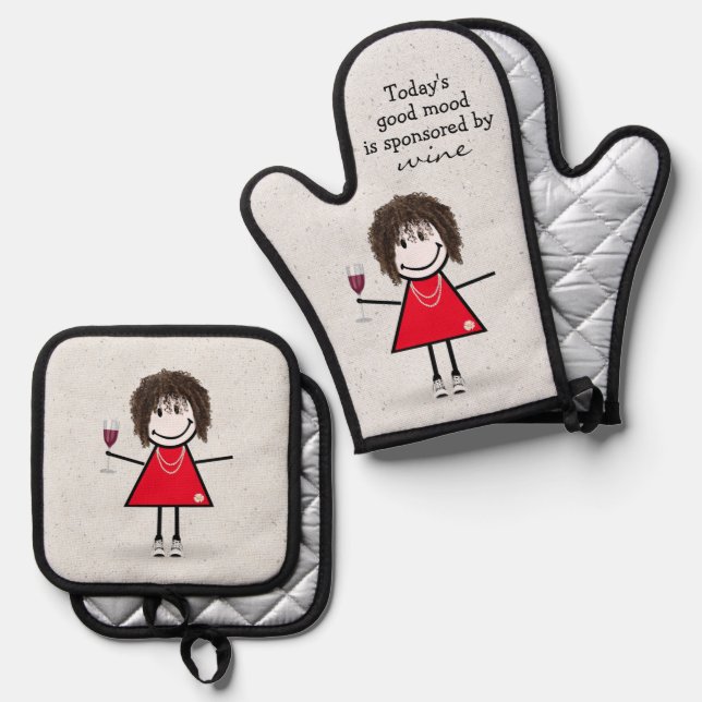Stick Girl With Wine and Sneakers  Oven Mitt & Pot Holder Set (Front/Back)