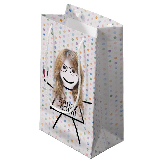 Stick Girl with Wine for 40th Birthday Small Gift Bag (Front Angled)